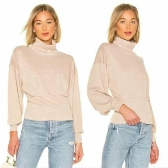 Free People Glam Sparkle Cowl Neck Pullover Sweater Pearl Dust Glitter Champagne - Picture 2 of 15